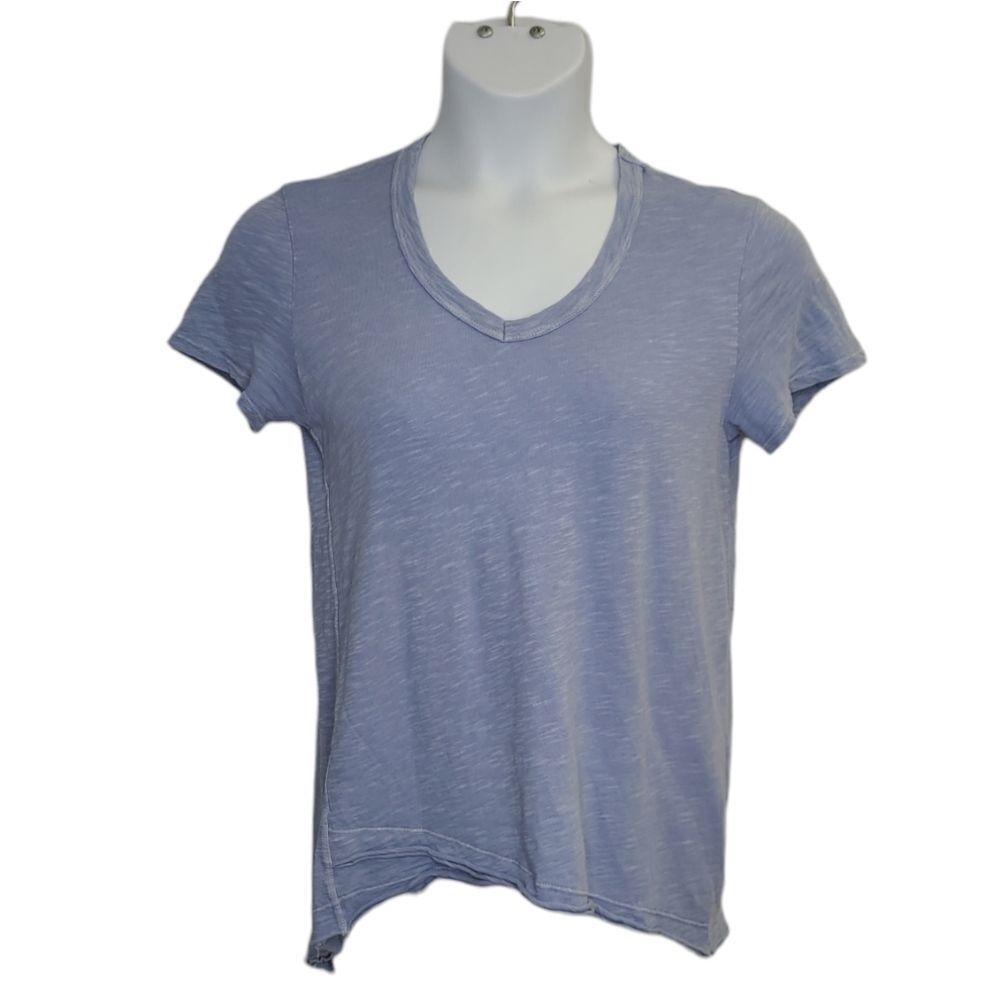 WILT blue shrunken v-neck loose t-shirt with raw asymmetrical hem S